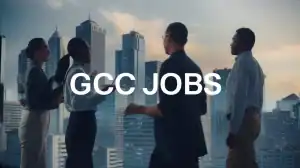 Business professionals discussing GCC jobs against a modern Gulf city skyline.