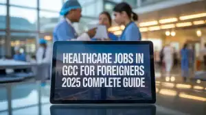 Tablet showing “Healthcare & Insurance Jobs in GCC for Foreigners 2025 Complete Guide” with healthcare professionals in the background.