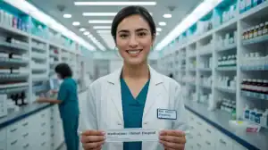 Smiling female pharmacist in a Dubai hospital pharmacy holding a medication label, representing pharmacist job opportunities, requirements, and career growth in Dubai hospitals.